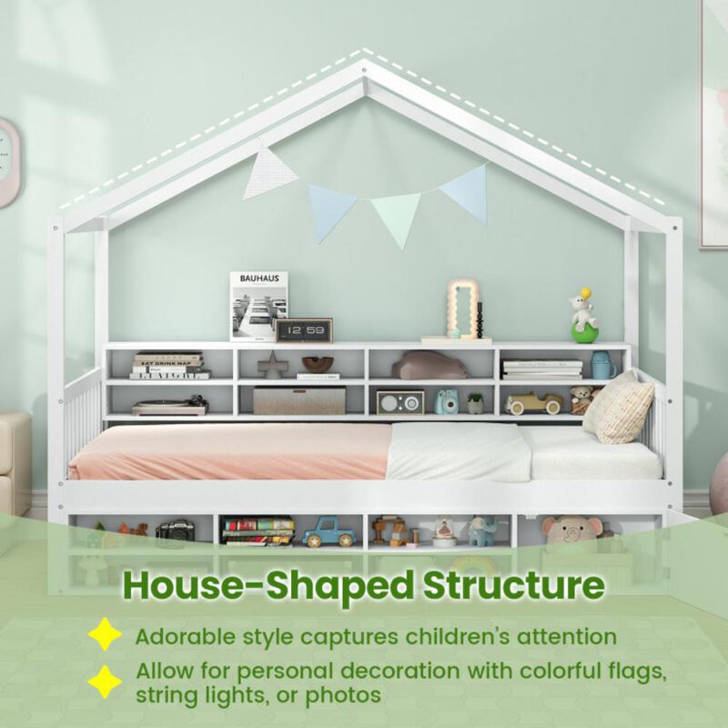Hivvago Twin Size House Bed with Roof with 14 Storage Cubes and Enclosed Cabinet