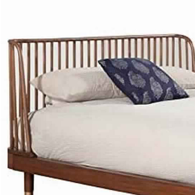California King Platform Bed with Slat Back Rattan Headboard, Brown - Benzara