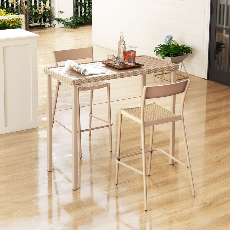 Modern Outdoor Bar Table with Heavy-Duty Steel Frame and Slatted Top