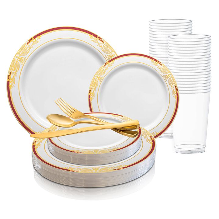 White with Burgundy and Gold Harmony Rim Plastic Wedding Value Set (30 Sets)