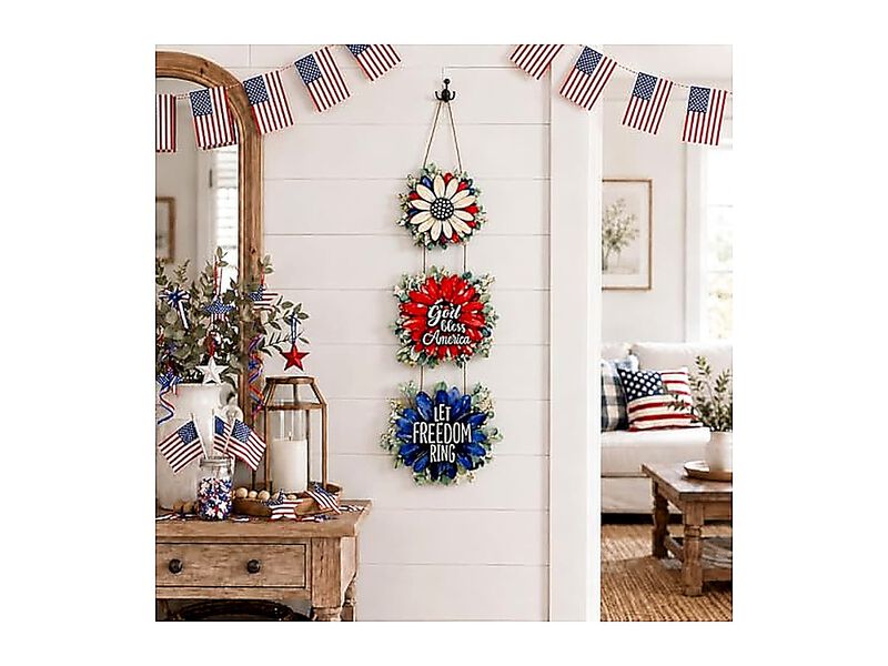 4th July Decor Front Door Patriotic Floral Wreath Hanging Wood Red White Blue image number 3
