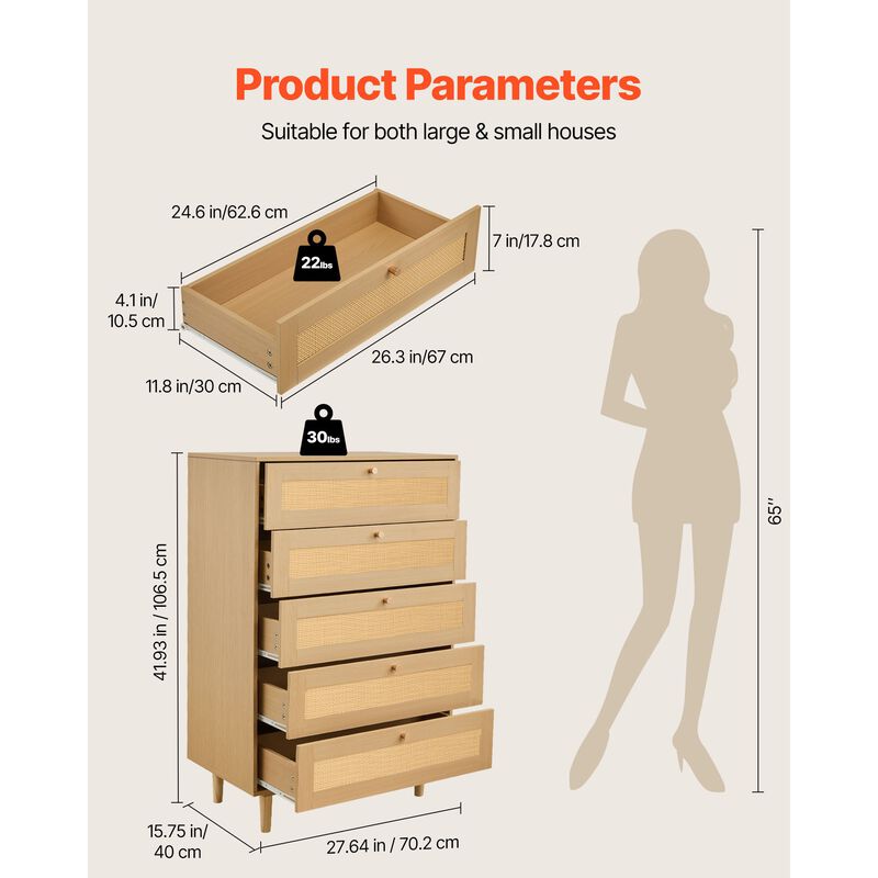 Nadwox 5-Drawer Rattan Dresser image number 3