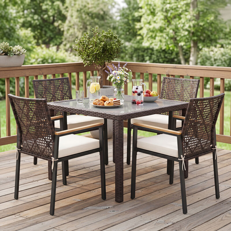 Hand Woven Patio Chairs Set of 4 with Acacia Wood Armrests Outdoor image number 3