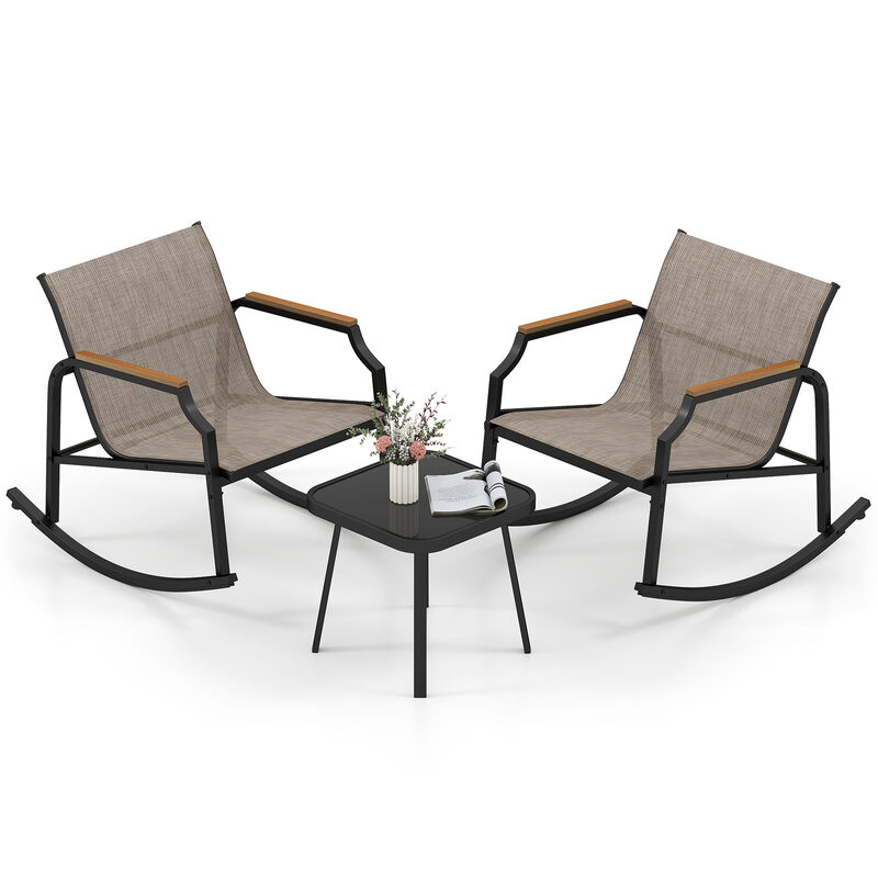 Outdoor Rocking Bistro Set with Armrests and Glass Table &ndash; 3 Piece Porch Furniture