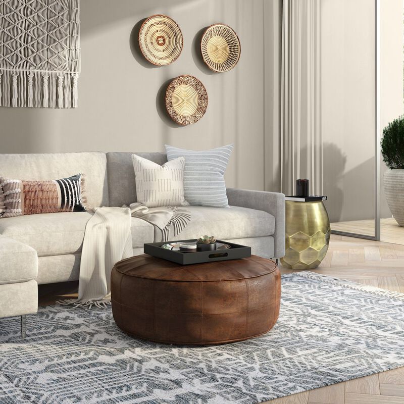 Simpli Home Connor 34 Inch Round Coffee Table Pouf In Distressed Brown Genuine Leather