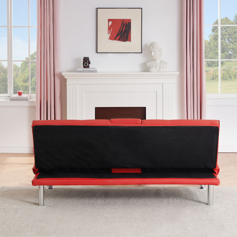 67" Red Leather Multifunctional Double Folding Sofa Bed for Office with Coffee Table