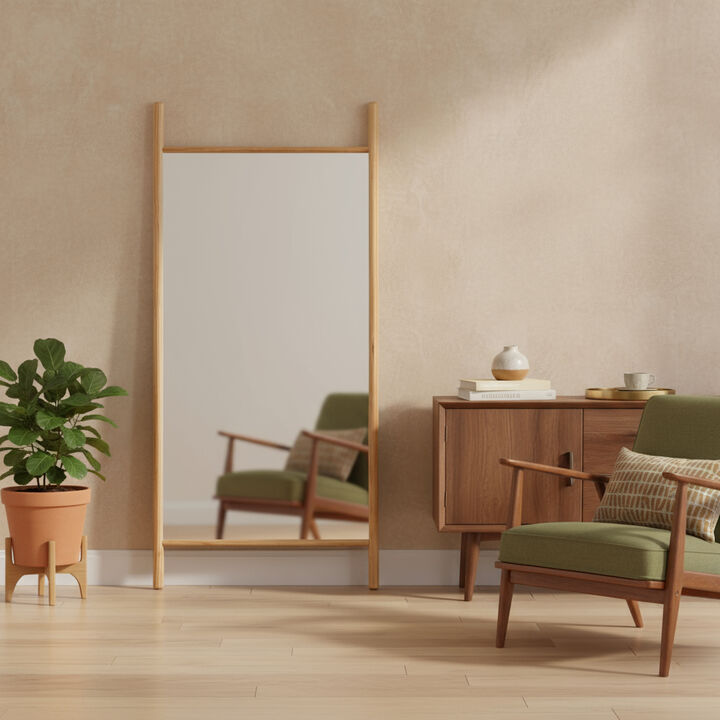 HomeRoots 64" Natural Solid Wood Ladder Leaning Framed Full Length Mirror