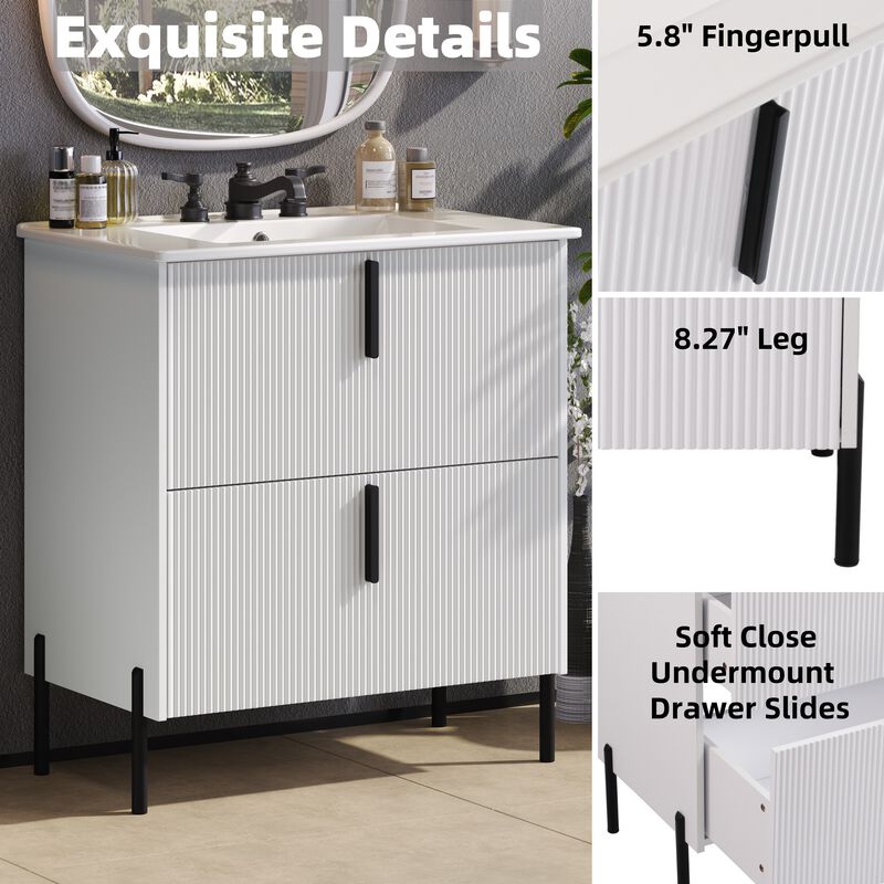 30" Bathroom Vanity with Full-Extension Drawers and Ceramic Sink