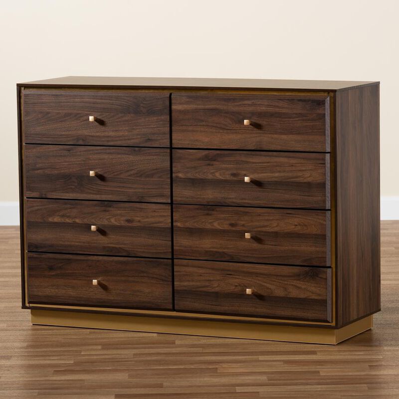 Baxton Studio Walnut Brown Finished Wood and Gold Metal 8-Drawer Dresser