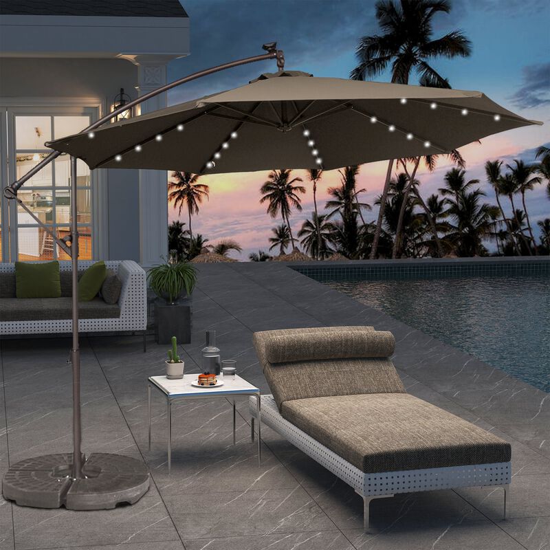 Mondawe 11ft Solar Lights Offset Patio Umbrella 360&deg; Rotate LED Lighted Offset Hanging Patio Outdoor Market Umbrella with Easy Tilt and Crank Cantilever Umbrella image number 1