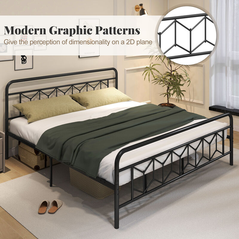 Platform Bed with High Headboard and Snap Lock Metal Slats Support