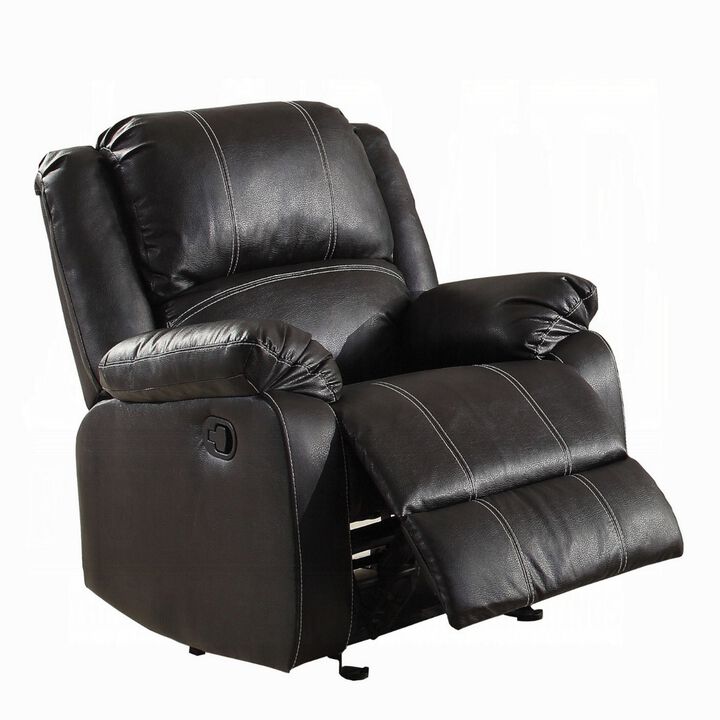 Zuru Motion Manual Rocker Recliner Chair, Plush Black Faux Leather - Benzara
