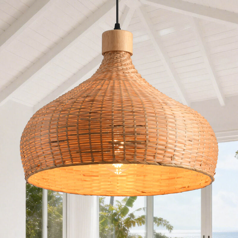 17.7" Boho Handwoven Bamboo Light Brown Dome Pendant Light for Living Room, Dining Room and Kitchen Island