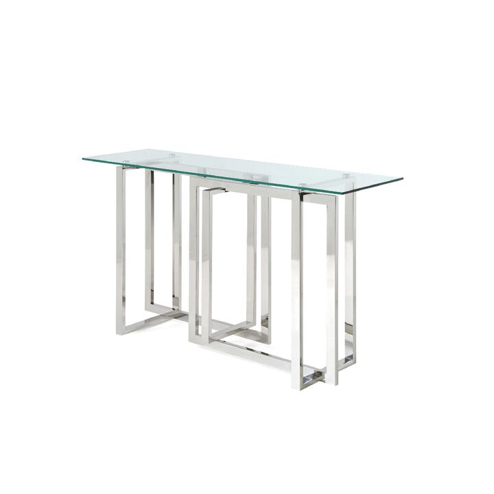 Cid 55 Inch Modern Sideboard Console Table, Glass Top, Steel Base, Chrome-Benzara