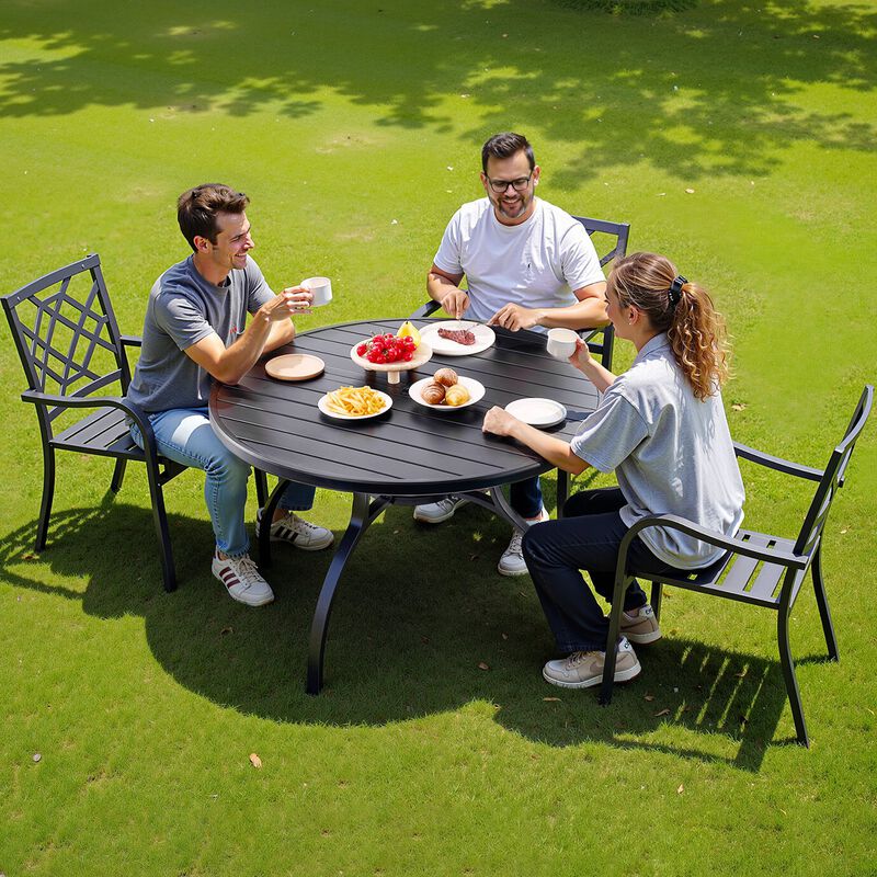 Outdoor Steel Patio Round Dining Table with Umbrella Hole for Lawn Garden-Black image number 1