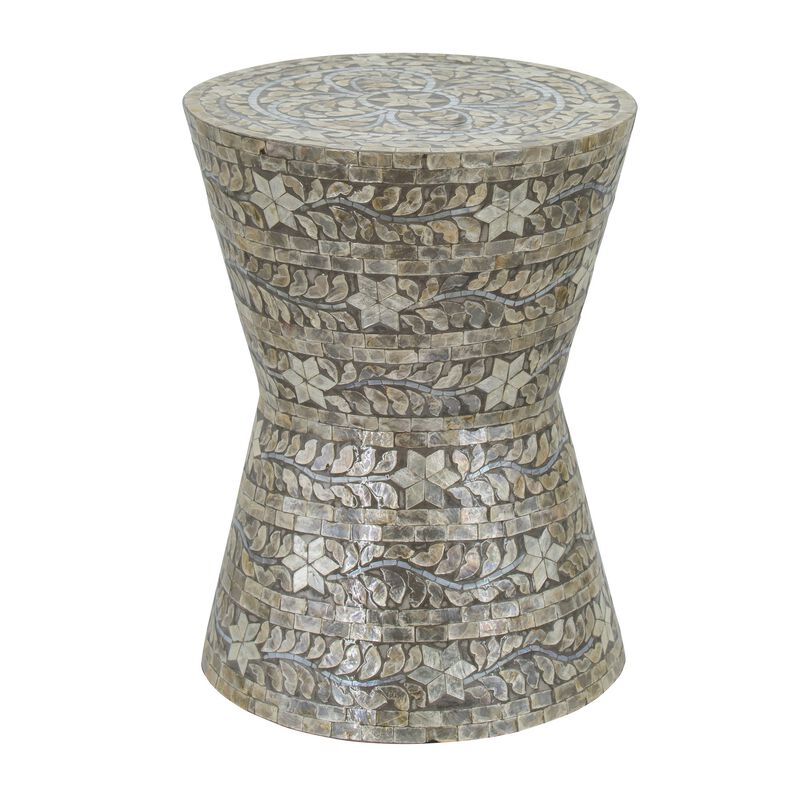 19 Inch Luxury Accent Table Stool, Star Foliage Pattern, Gray and Brown image number 0