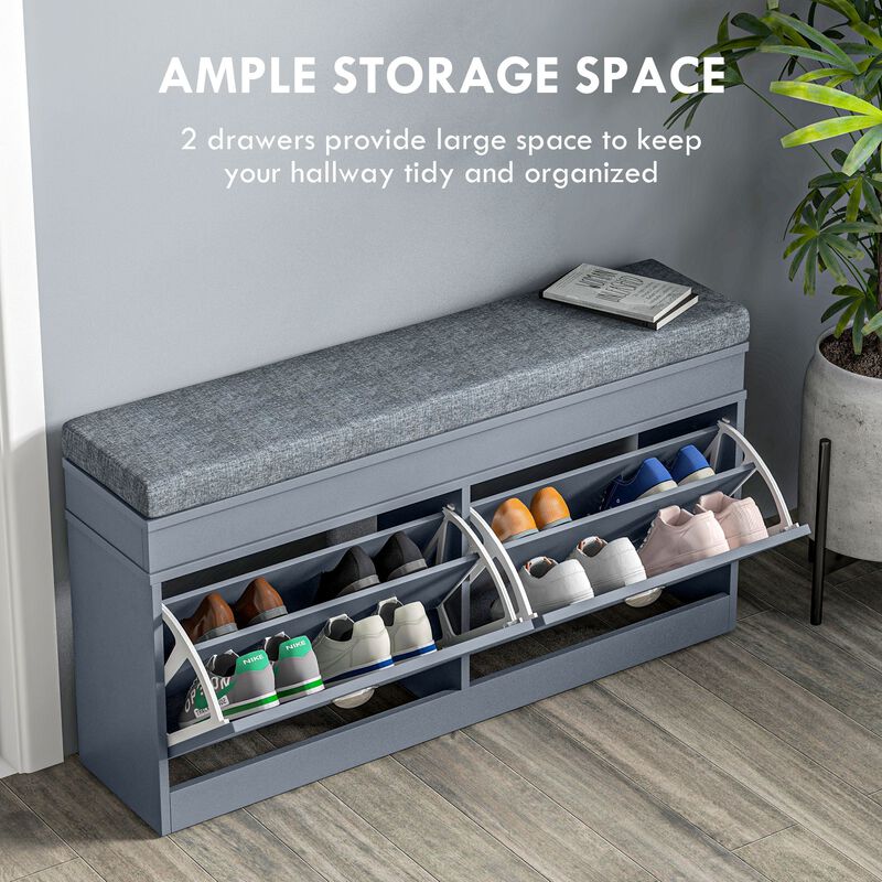 Modern Shoe Storage Bench, Entry Way Bench with Cushion, 2 Drawers, Storage Ottoman Bench, Holds 8 Pairs, Gray
