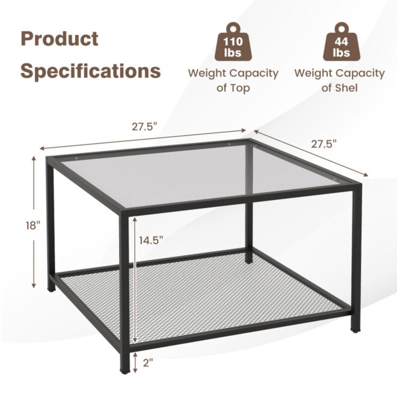 Hivvago Modern 2-Tier Square Glass Coffee Table with Mesh Shelf
