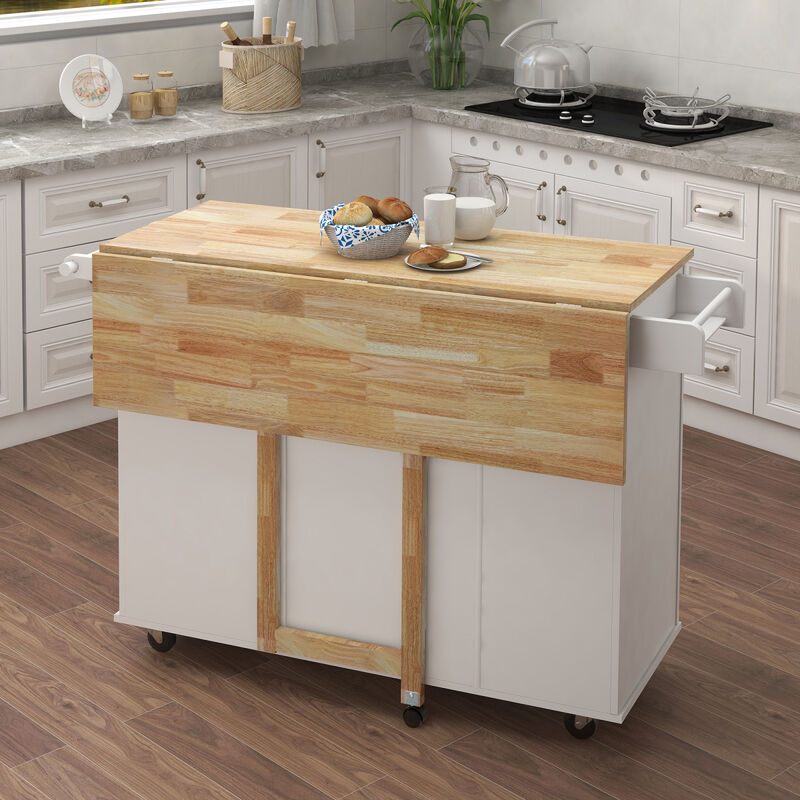 Kitchen Island with Spice Rack, Towel Rack and Extensible Solid Wood Tabletop-White