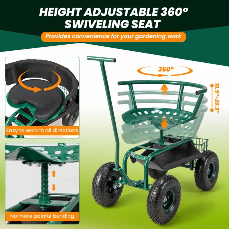 Hivvago Rolling Garden Cart with Height Adjustable Swivel Seat and Storage Basket