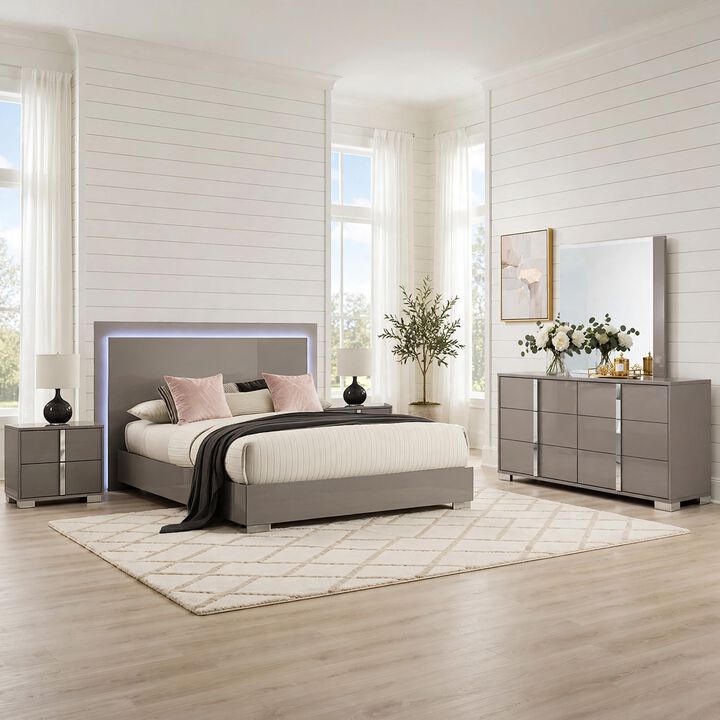 Suni 5pc Queen Bedroom Set w LED Headboard, Light Taupe Gray, 2 Nightstand