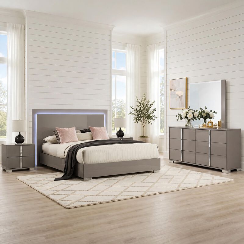 Suni 5pc Queen Bedroom Set w LED Headboard, Light Taupe Gray, 2 Nightstand image number 1