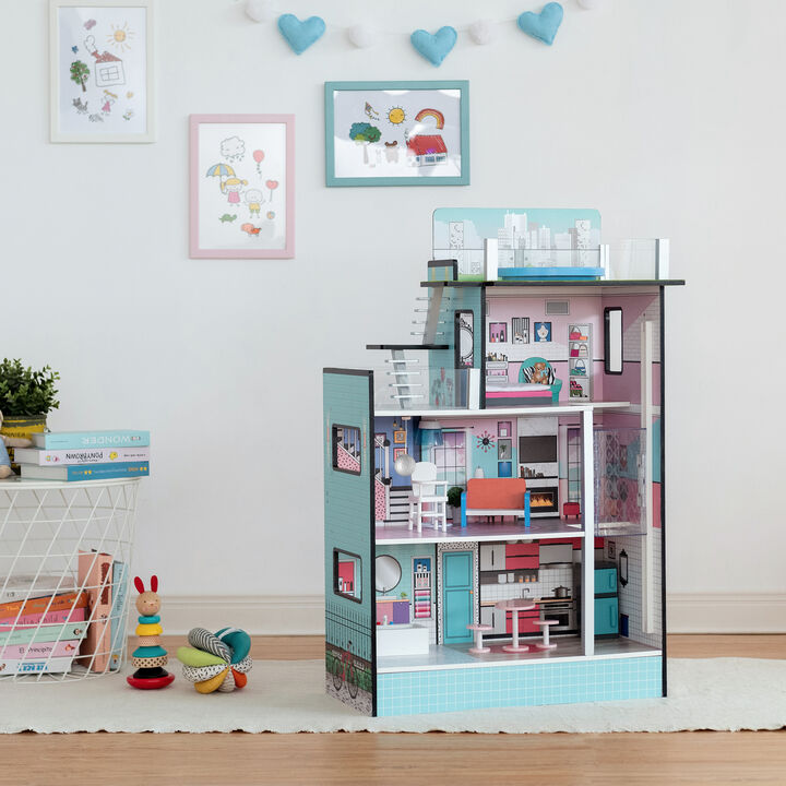 Olivia's Little World Dreamland Barcelona 3-Story Dollshouse and 10-pc Accessory Set for 3.5" Dolls, Turquoise/Black