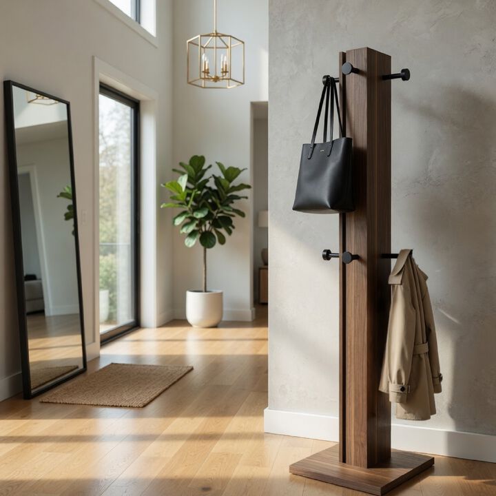 Rinki Coat Rack, 8 Metal Hooks w Wood Caps, Walnut Brown Plinth 72 Inch