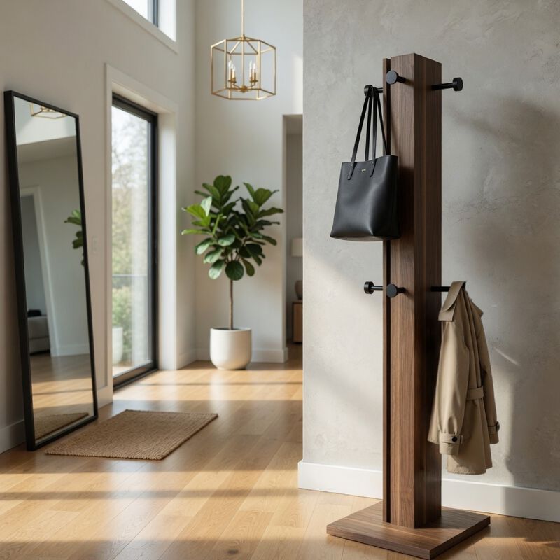 Rinki Coat Rack, 8 Metal Hooks w Wood Caps, Walnut Brown Plinth 72 Inch image number 1