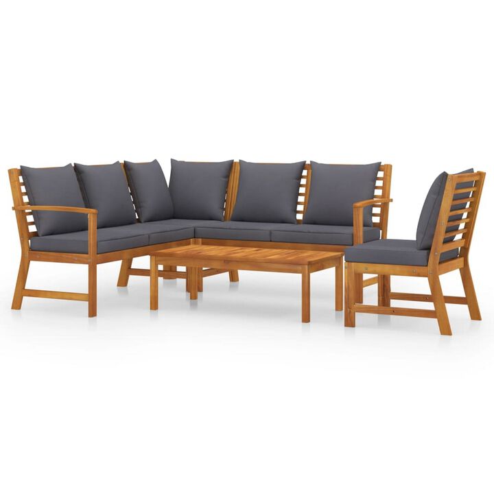 Roma 5pc Outdoor Modular Sofa Set, Dark Gray, Brown Wood Coffee Table - Benzara