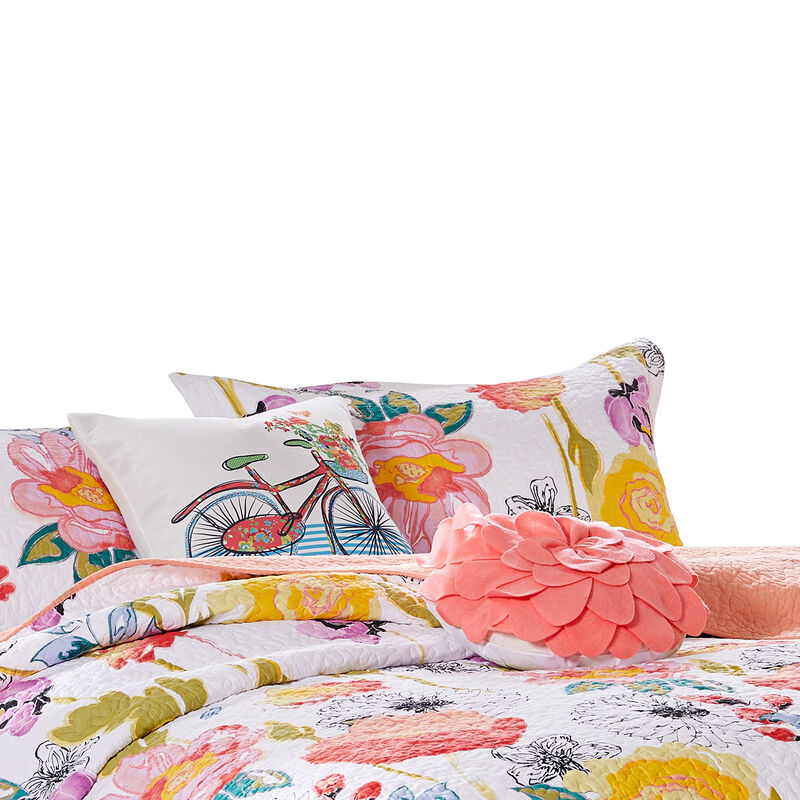 Mavi 5 Piece Reversible Full Quilt Set, Spring Floral Print, Multicolor - Benzara
