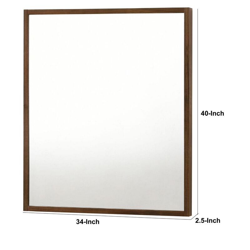 Noe 40 Inch Modern Wall Mirror, Sleek Wood Frame, Walnut Veneer - Benzara