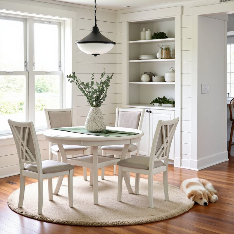 Beige Farmhouse 5 Piece Dining Table Set with Round Kitchen Table, Chairs for 4 image number 2