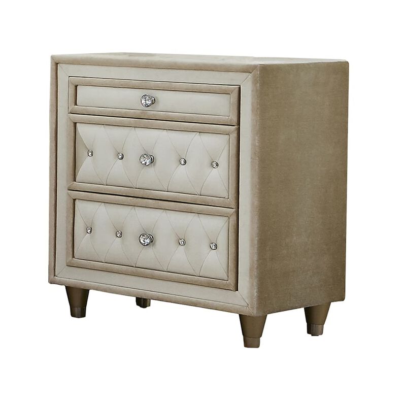 Coaster Home Furnishings 3 Drawers Velvet Nightstand, Ivory and Camel
