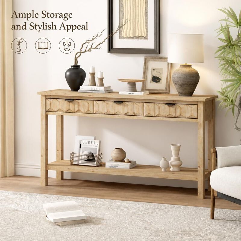 GOODSILO 58.3'' Fir Veneer Entryway Console Table with 3 Honeycomb Drawers Open Bottom Shelf for Living Room Hallway Study Foyer image number 4