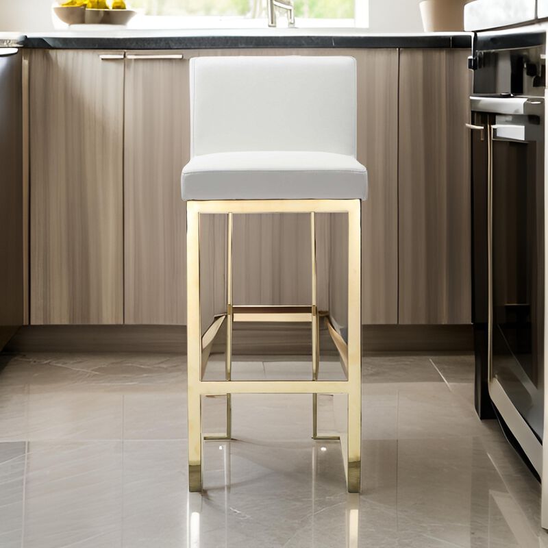 Boly 30 Inch Barstool Chair, Cushioned White Faux Leather, Gold Cantilever - Benzara image number 5