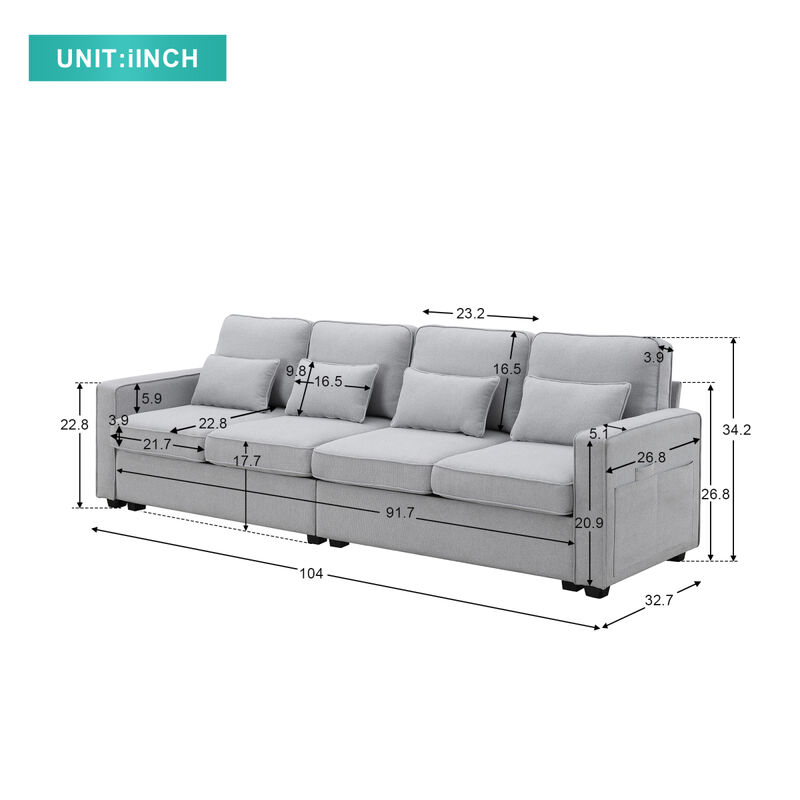 4-Seater Modern Linen Fabric Sofa With Armrest Pockets And 4 Pillows, Minimalist Style