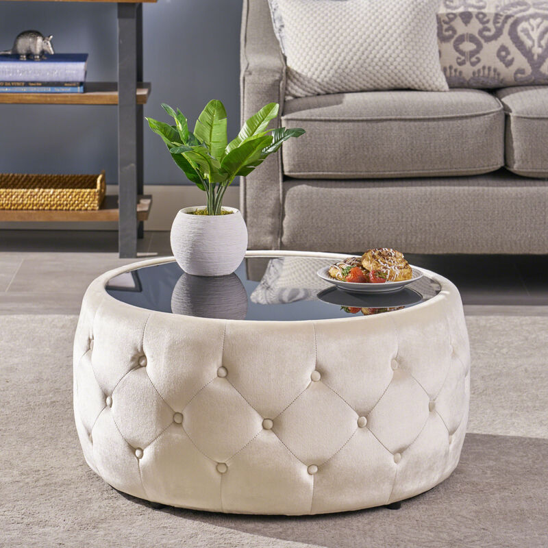 Streamdale Modern Glam Velvet Ottoman with Button-Tufted Stitch and Glass Top image number 1