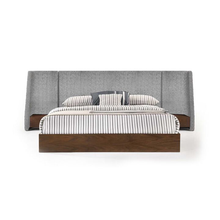 Nie King Size Bed, Gray Upholstered Wide Wall Headboard, Walnut Brown Wood - Benzara