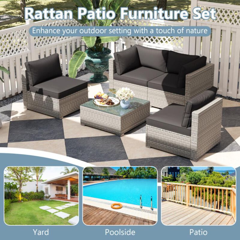 Hivvago 5-Piece Outdoor Patio Sectional Sofa Couch and Glass Coffee Table with Cushions