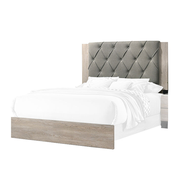 Wooden California king Bed with Button Tufted Headboard, Gray and Cream - Benzara