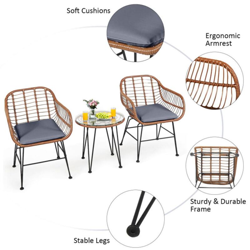 Hivvago 3 Pieces Patio Rattan Bistro Set with Cushion