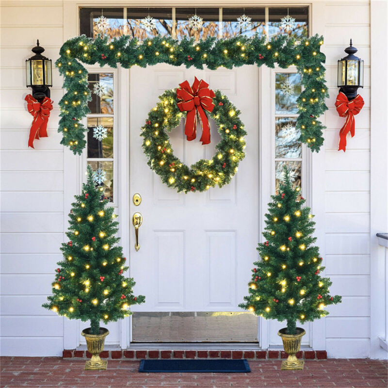 4-Piece Christmas Decoration Set with Pre-Lit Wreath, Garland, and Entrance Trees image number 6