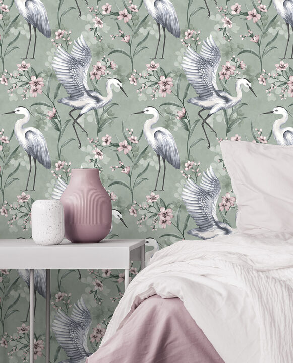 Simonetta Seafoam Heron Wallpaper