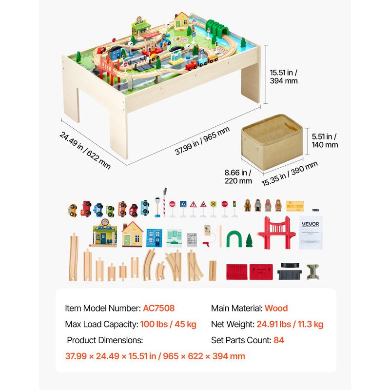 Kids Train Table Set, 84PCS Wooden Activity Table with Storage Bin, 3-in-1 Playset image number 2