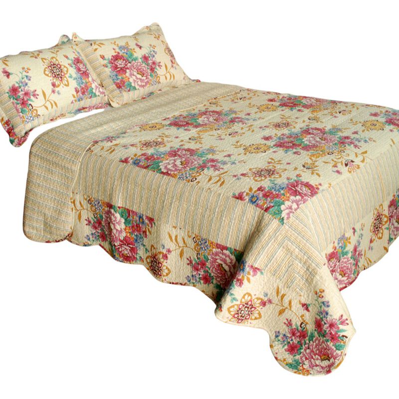 Queen Size Cotton 3-Piece Vermicelli Quilted Printed Quilt Set with Shams image number 1