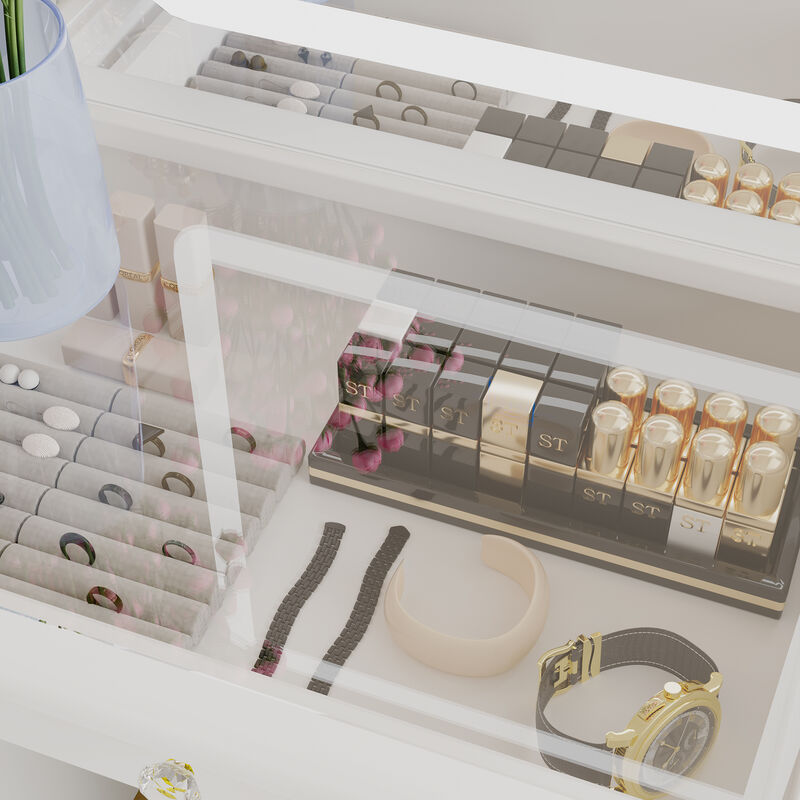 White Wood 39.4 in. W Large Glass Top Table Dresser Dressing Desk with LED Dimmable Mirror, 5-Drawers, Hidden shelves