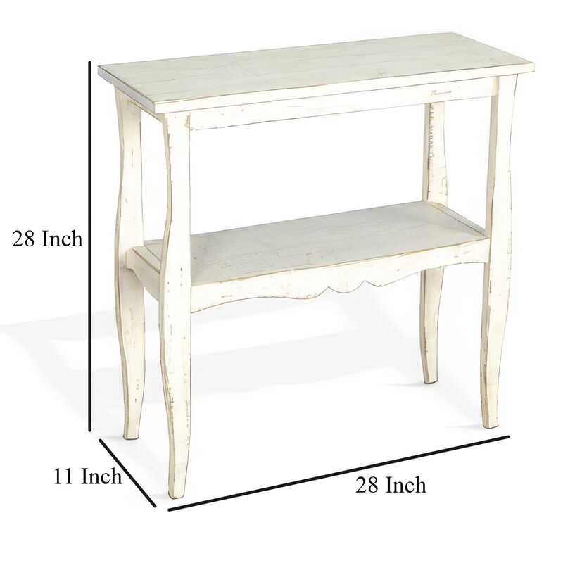 Rena Side End Table, Scallop Trim, 28 Inch Distressed White Mahogany