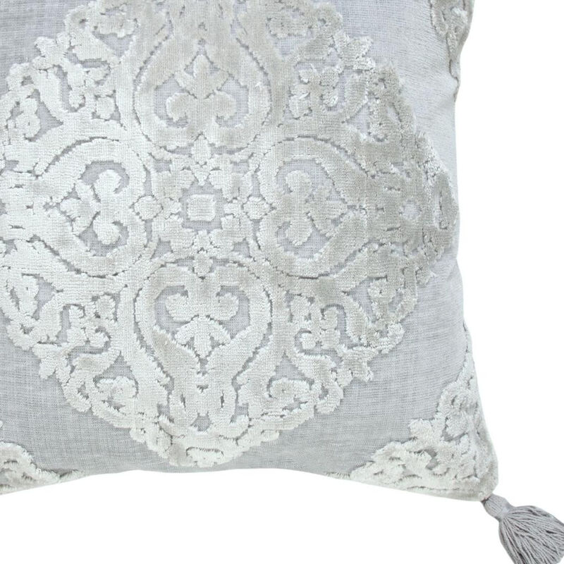 HomeRoots 18" Silver And Gray Medallion Viscose Throw Pillow Cover with Tassels image number 4