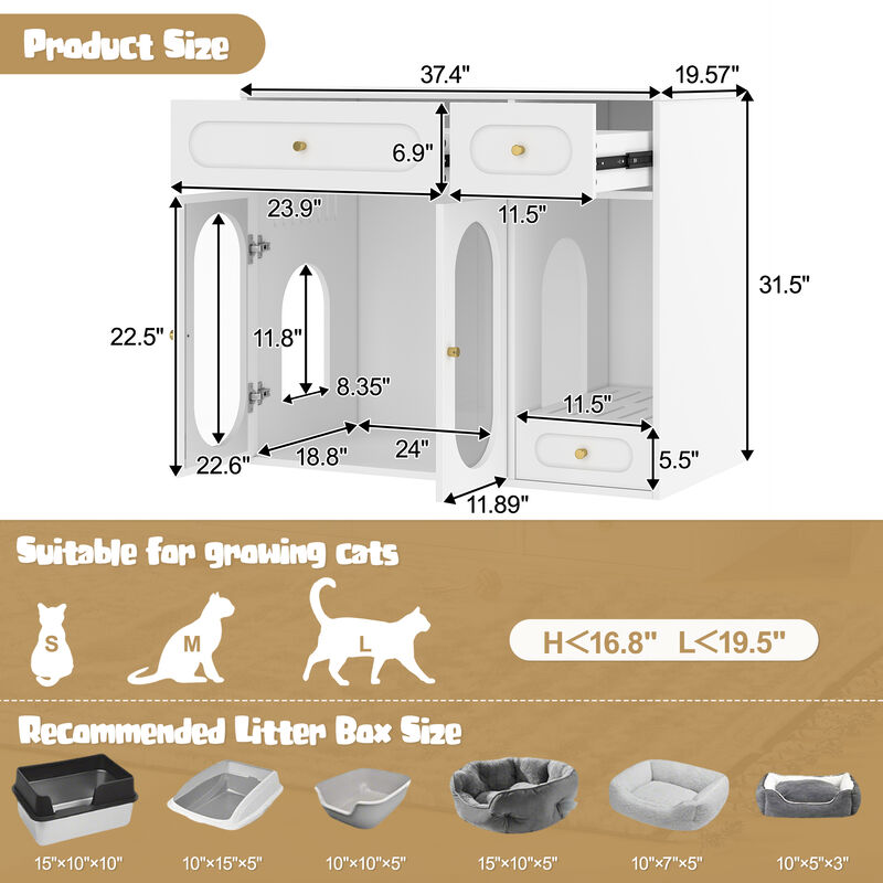 Whisen 37" Pet Furniture, Cat Litter Box Enclosure with 2 Drawers & Side Collection, MDF & Acrylic Hidden Litter Furniture End Table image number 8